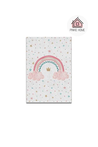 PINKIE HOME سجادة غرفة الأطفال الوردية المزخرفة بألوان قوس قزح وغير قابلة للانزلاق وقابلة للغسل في الغسالة - Play Mat-4
