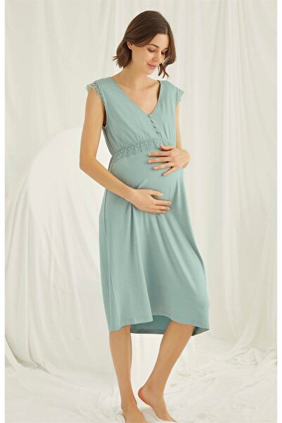 MONAMİSE 18466 Kadın Açık Yeşil V Yaka Önden Düğmeli Kolsuz Midi Hamile Lohus...