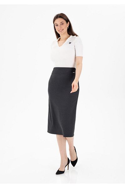 G-Line AnthraciteMidiPencil Skirt - Elastic Waist, Back Slit and Zipper