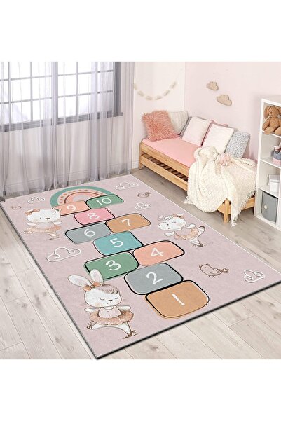 PINKIE HOME Kaymaz Makinede Yıkanabilir Isimli Çocuk Odası Halısı Seksekli Oyun Halısı Balerin Çocuk Halısı-19