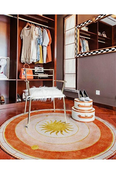 PINKIE HOME Dijital Baskı Kaymaz Taban Makinede Yıkanabilir Lüx Gold Yuvarlak...