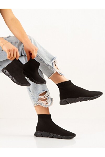 Just Shoes Kadın Çorap Spor Ayakkabı Siyah Beyaz Yüksek Taban Sneaker -1beden Küçük Alınız