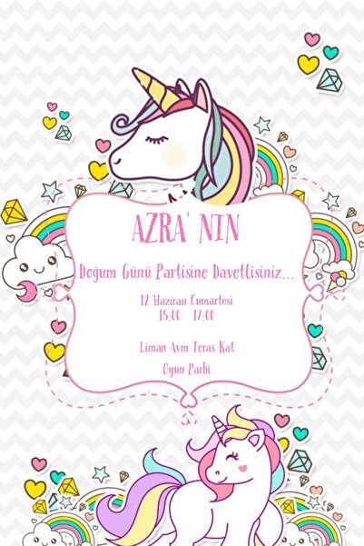 Belinay Unicorn Temalı Doğum Günü Davetiyesi 204-03 (50 ADET)