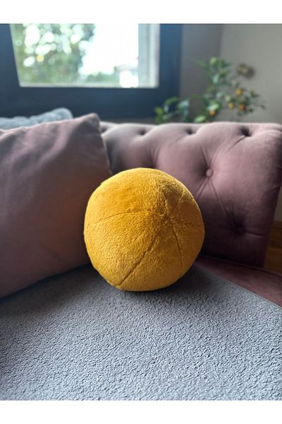 sevaradekor Plush Ball Pillow Mustard Yellow Ball Pillow