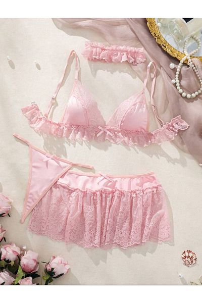 Qulaccia Pink Lace 4 Piece Set Lace Garters