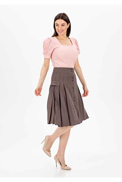 Guzella Diz Boyu Önden Düğmeli Cep Kapağı Detaylı Pileli Vizon Etek