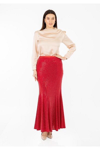 Guzella Red Sequined Maxi Length Fish Skirt