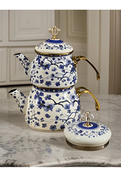 PORLİSMA Amara Çift Kapak Emaye Çaydanlık Takımı, Mavi Çiçek Desen Emaye Çayd...