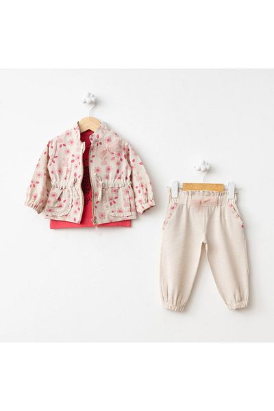 Baby Fou Fuchsia Flower Printed 3-Piece Coat Set