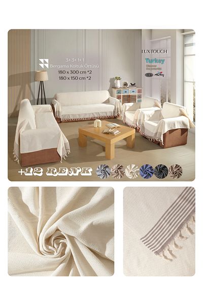 Lux Touch Bergama Ecru 3 3 1 1 - Комплект калъфи за диван с неплъзгащи се пискюли и памук