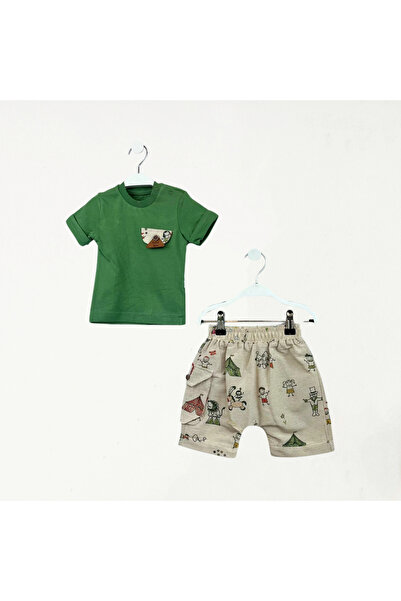 Baby Fou Green Crew Neck Tent Print T-Shirt Set