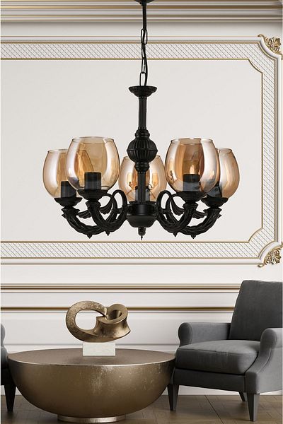 DEDE Five Arm Riga Zamak Chandelier with Black Honey Color Glass