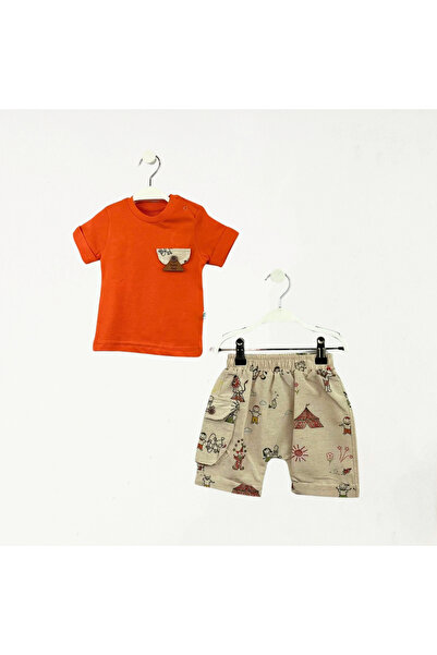 Baby Fou طقم تي شيرت برقبة دائرية وطبعة خيمة برتقالية