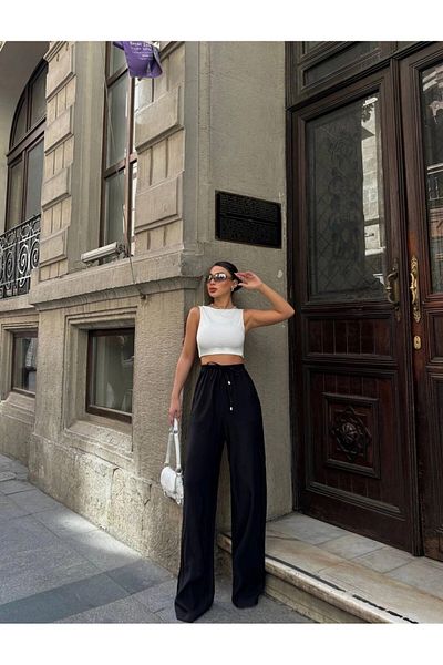hazelin Black High Waist Elastic Women's Trousers - Pockets, Wide Leg HZL24S-VL191151