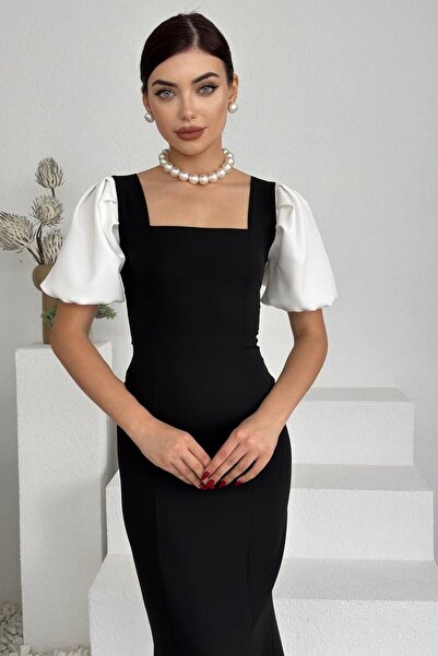 lovebox Dámské midi černé večerní šaty – Atlas Fabric, čtvercový límec, princezna rukáv, design 263