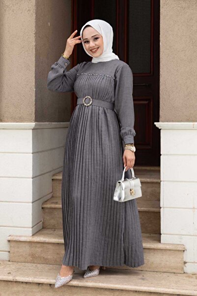 EBRUTESETTÜR Stylish Dress with Pleated and Stone DeTail