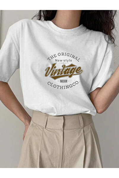 FAVORİST Βαμβακερό Vintage εμπριμέ μπλουζάκι Oversize