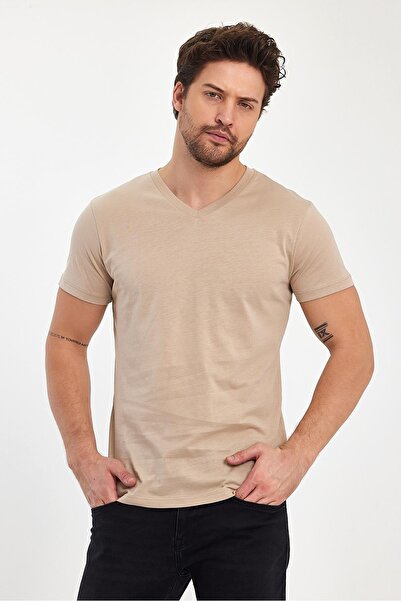 yakamor Ανδρικό μπλουζάκι με λαιμόκοψη από χτενισμένο βαμβακερό μπλουζάκι