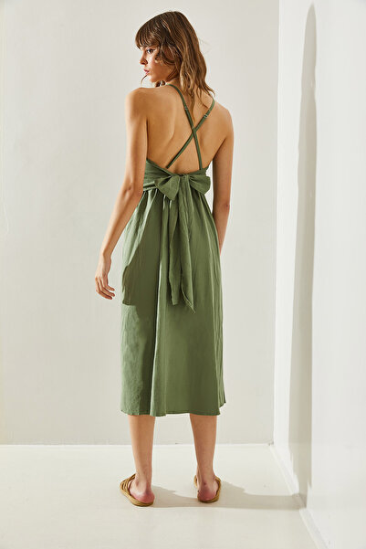 Bianco Lucci Λινό Γυναικείο Φόρεμα - Πλάτη Γραβάτα, Σχοινί Strap60251226