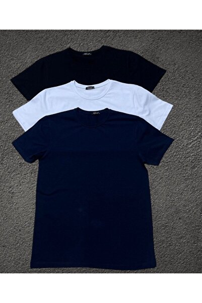 Est Estola Λευκό μαύρο Navy Blue - Silim Fit Crew Neck Ανδρικό T-Shirt Σετ 3 τεμαχίων