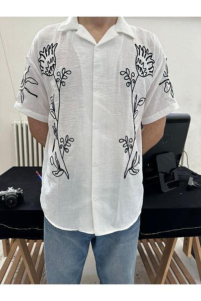 Tarz Cool Cămașă de in cu mânecă scurtă, cu broderie florală, pentru bărbați
