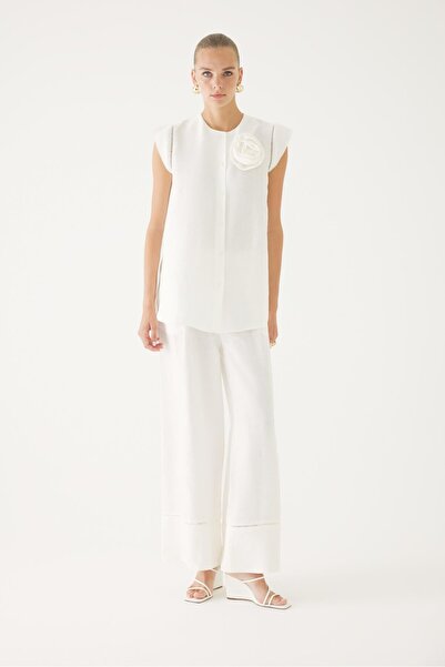 Exquise Çiçek İşlemeli Ekru Bluz