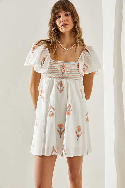 Bianco Lucci Γυναικείο Φόρεμα με Λεπτομέρεια Κεντήματος - Πίσω Γραβάτα 3521160251312