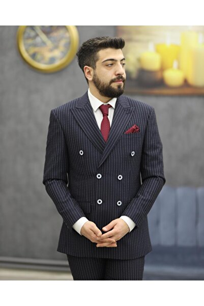 DORMEN 1976 ÇİZGİLİ KRUVAZE TAKIM ELBİSE(LACİVERT)