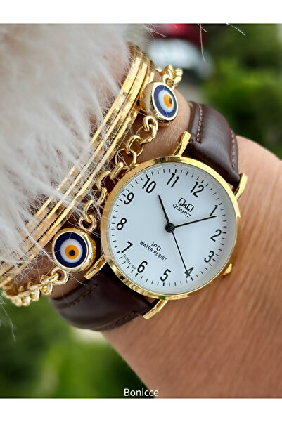Q&Q Retro Brand - Brown Leather Cord and Yellow Case, Numeral Women's Wristwatch + Bracelet Set