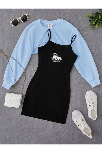 Machetta Panda Printed Children's Dress and Crop Sweat Combination