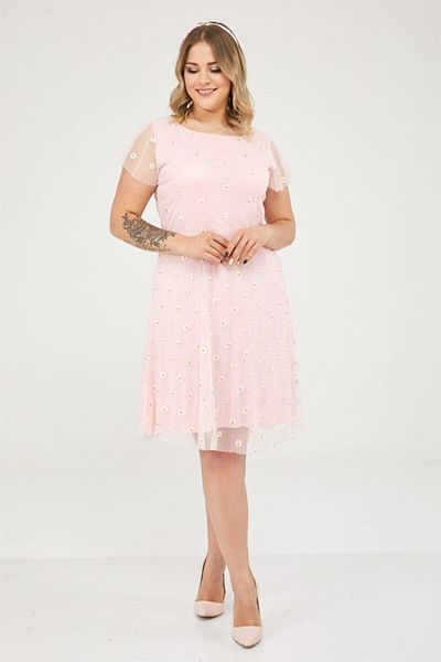 Seamoda Daisy Pattern Round Neck Tulle Dress-Pink