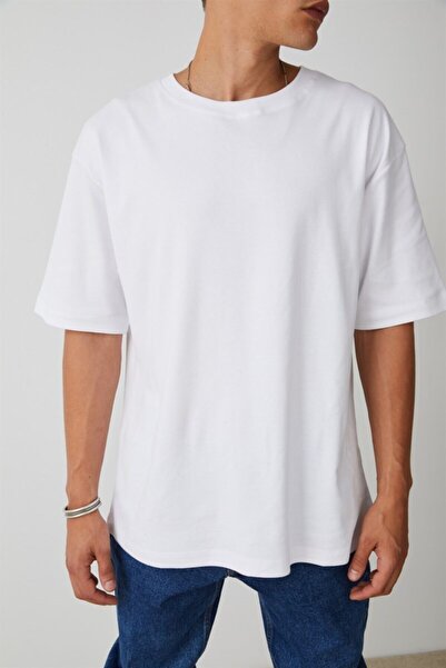 KAM TİŞÖRT تي شيرت أبيض كبير الحجم للجنسين بأكمام قصيرة