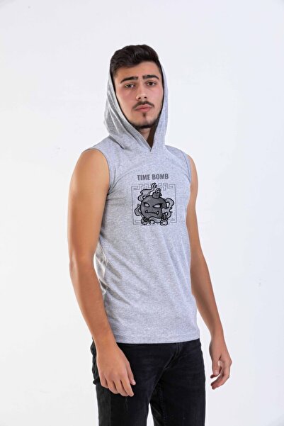 Raf Coll Унісекс сірий меланжевий безрукавний футболка з капюшоном та цифровим принтом