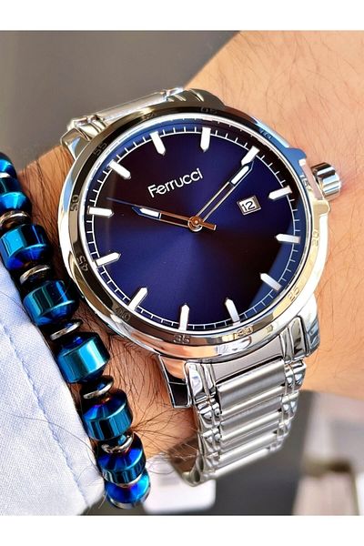 Ferrucci Silver Color Navy Blue Dial Classic Men's Wristwatch + Hematite Natural Stone Bracelet Gift