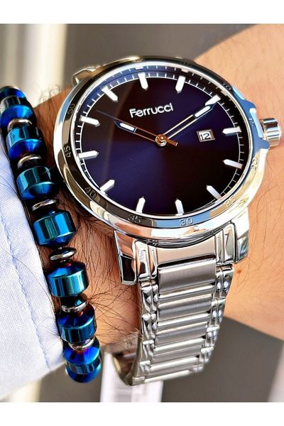 Ferrucci Silver Color Navy Blue Dial Classic Men's Wristwatch + Hematite Natural Stone Bracelet Gift