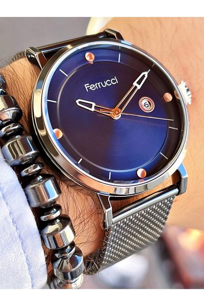 Ferrucci Smoke Color Navy Blue Dial Classic Straw Cord Men's Wristwatch + Hematite Natural Stone Bracelet