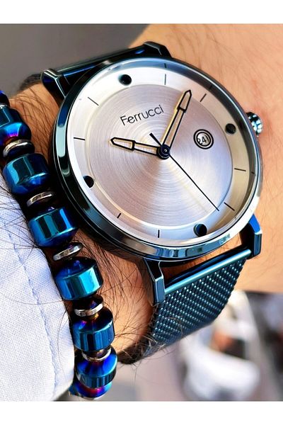 Ferrucci Navy Blue Color Straw Cord Classic Men's Wristwatch + Hematite Natural Stone Bracelet Gift