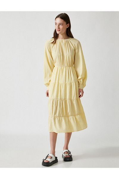 Koton Checked Dress Long Sleeve Crew Neck Maxi