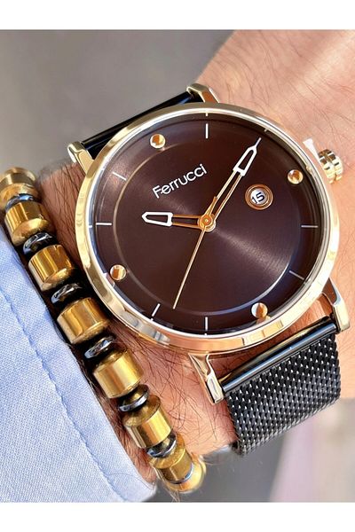 Ferrucci Black Color Gold Case Classic Men's Wristwatch + Hematite Natural Stone Bracelet Gift