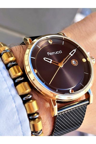 Ferrucci Black Color Gold Case Classic Men's Wristwatch + Hematite Natural Stone Bracelet Gift