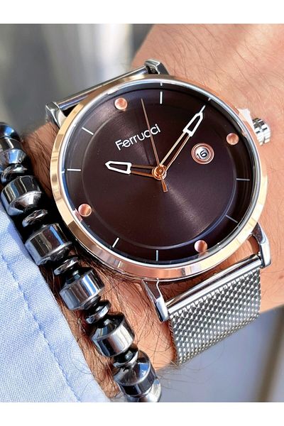 Ferrucci Silver Color Black Dial Straw Cord Men's Wrist Watch + Hematite Natural Stone Bracelet Gift