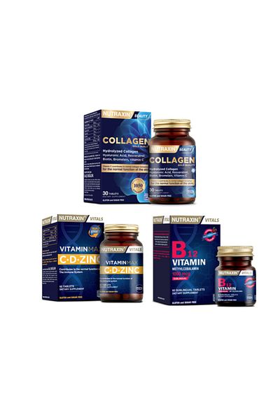 Nutraxin Hydrolyzed Collagen Hyaluronic Acid - 30 Tablets+vitamin Max(c D Zinc) 60 Tablets+vitamin B12 60 Dilated