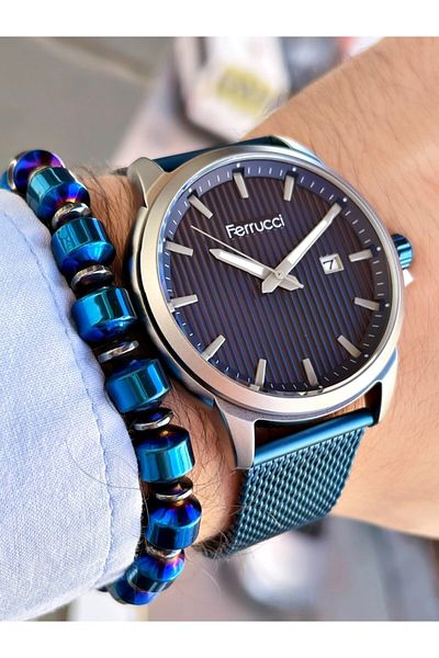 Ferrucci Navy Blue Color Straw Cord Classic Men's Wristwatch + Hematite Natural Stone Bracelet