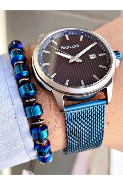 Ferrucci Navy Blue Color Straw Cord Classic Men's Wristwatch + Hematite Natural Stone Bracelet
