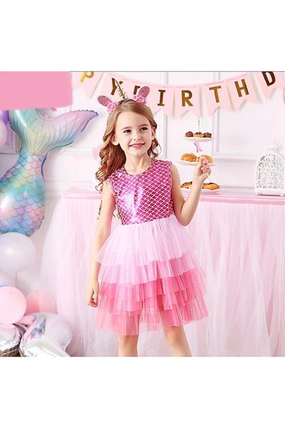 QUEEN AKSESUAR New Season Pink Unicorn Mermaid Princess Shiny Tulle Birthday Party Dress 4 years old
