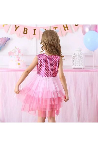 QUEEN AKSESUAR New Season Pink Unicorn Mermaid Princess Shiny Tulle Birthday Party Dress 4 years old
