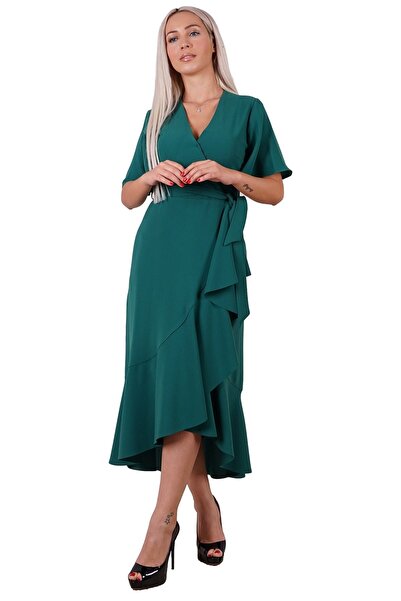 SpringStore Yeşil Kemerli Fırfırlı Abiye Elbise