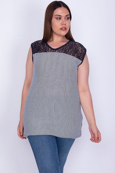 Şans Women's Large Size Navy Blue Robe Lace Striped Blouse 65n26292