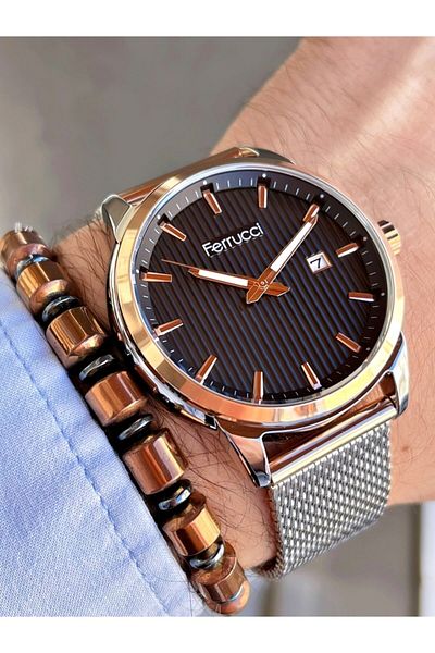 Ferrucci Silver Color Black Dial Classic Straw Cord Men's Wrist Watch + Hematite Natural Stone Bracelet