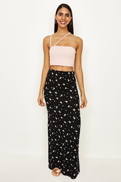 Select Moda Kadın Siyah Çiçekli Maxi Etek